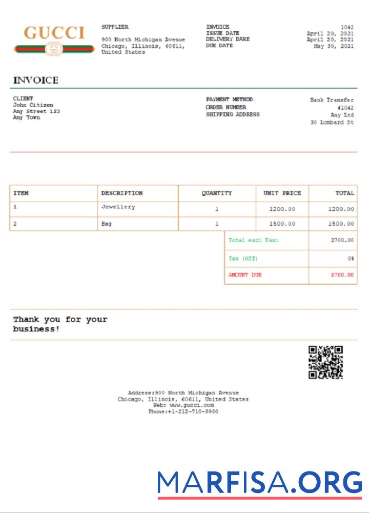 Downloadable USA Gucci invoice template